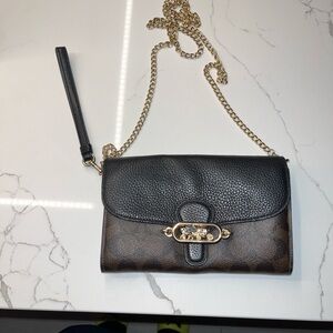 Coach Black and Brown Clutch with Gold Chain